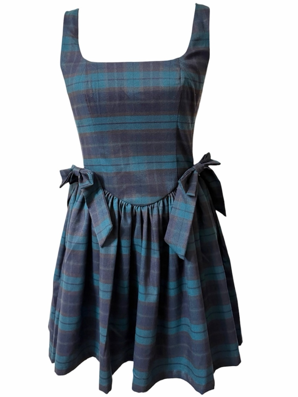 Avec Les Filles NWT Plaid blue green Square Neck Mini Dress Bow Detail 6 NWT - Picture 2 of 8